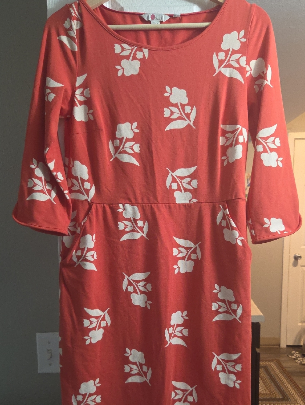 Boden Women's Coral Floral Midi Dress with White Print Sz 10P